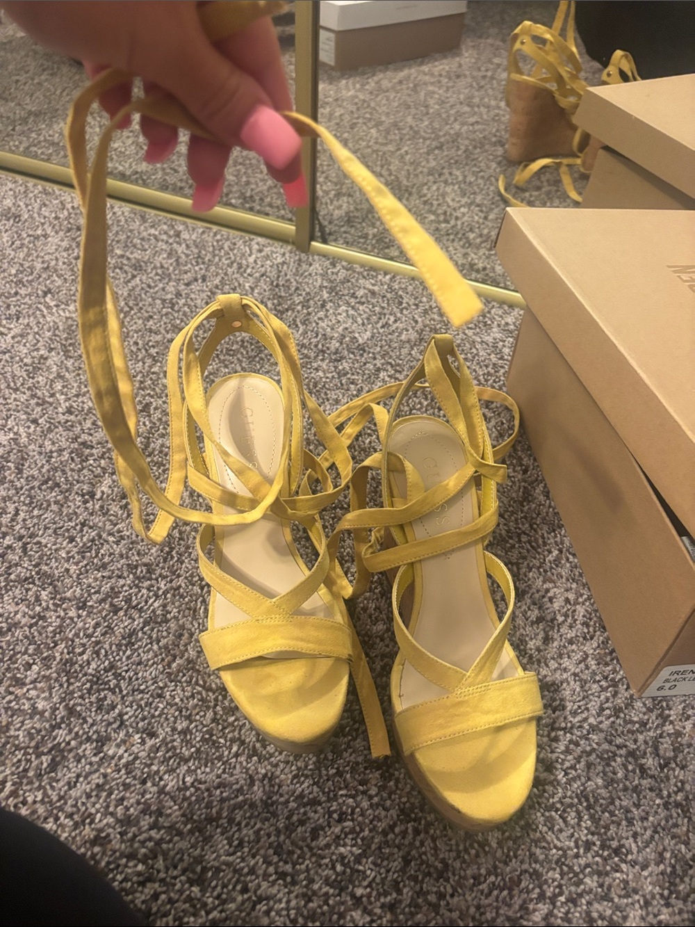 Guess Yellow Suede Lace-Up Platform Heels